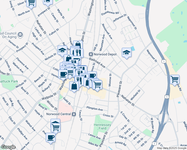 map of restaurants, bars, coffee shops, grocery stores, and more near 31 Clark Street in Norwood