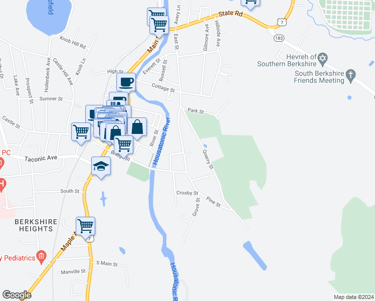 map of restaurants, bars, coffee shops, grocery stores, and more near 225 East Street in Great Barrington