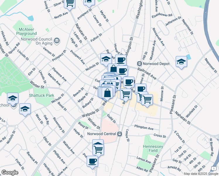 map of restaurants, bars, coffee shops, grocery stores, and more near 9 Vernon Street in Norwood