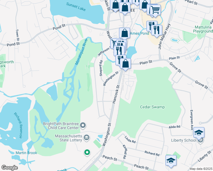 map of restaurants, bars, coffee shops, grocery stores, and more near 19 Smith Street in Braintree