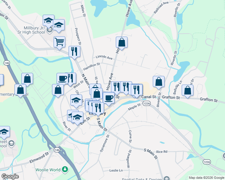 map of restaurants, bars, coffee shops, grocery stores, and more near 19 Canal Street in Millbury