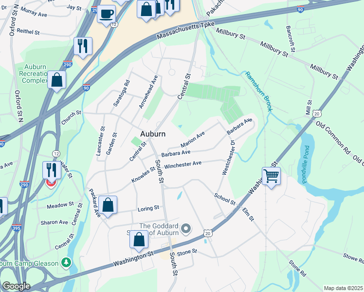 map of restaurants, bars, coffee shops, grocery stores, and more near 6 Marion Avenue in Auburn