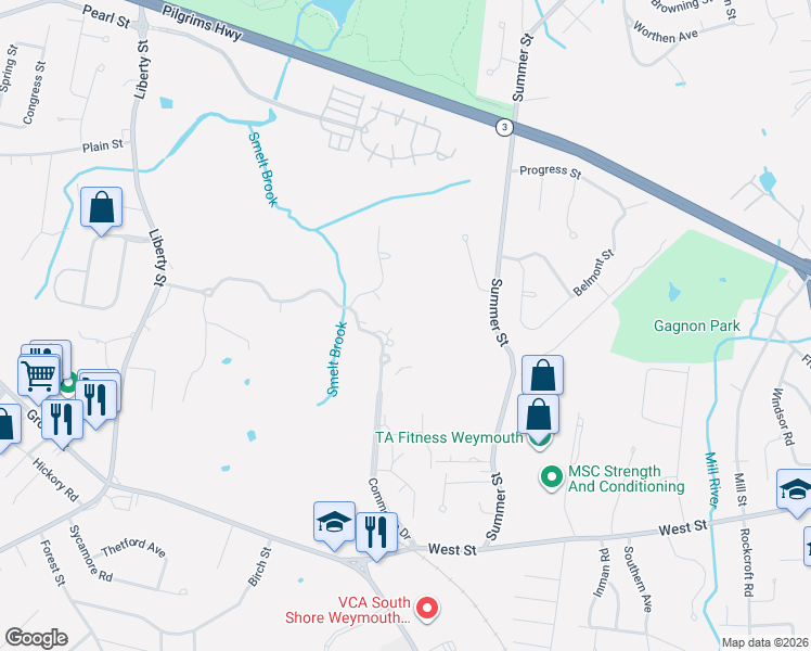 map of restaurants, bars, coffee shops, grocery stores, and more near 501 Commerce Drive in Braintree