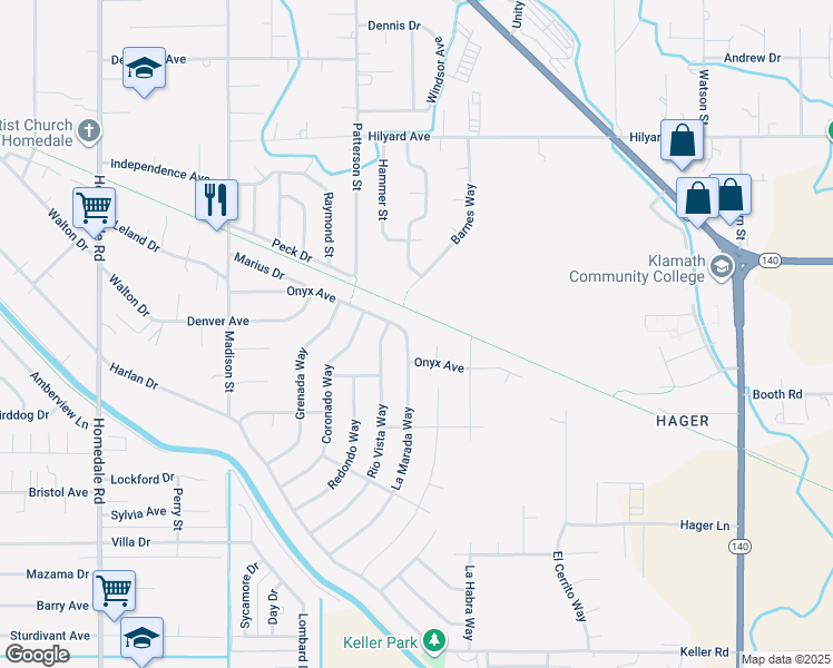 map of restaurants, bars, coffee shops, grocery stores, and more near 3611 La Marada Way in Klamath Falls