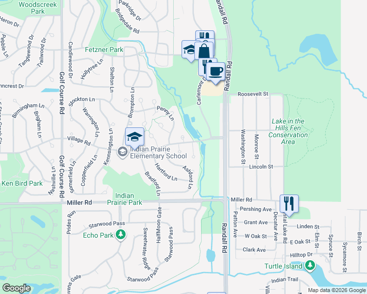 map of restaurants, bars, coffee shops, grocery stores, and more near 1730 Becker Court in Crystal Lake