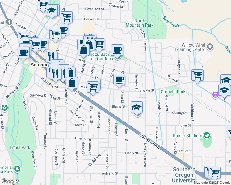 map of restaurants, bars, coffee shops, grocery stores, and more near 47 Alida Street in Ashland