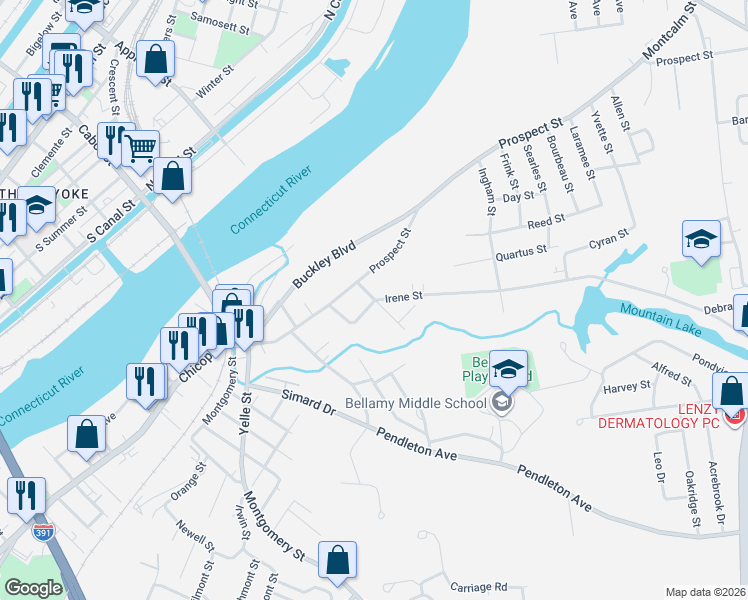 map of restaurants, bars, coffee shops, grocery stores, and more near 18 Emery Street in Chicopee