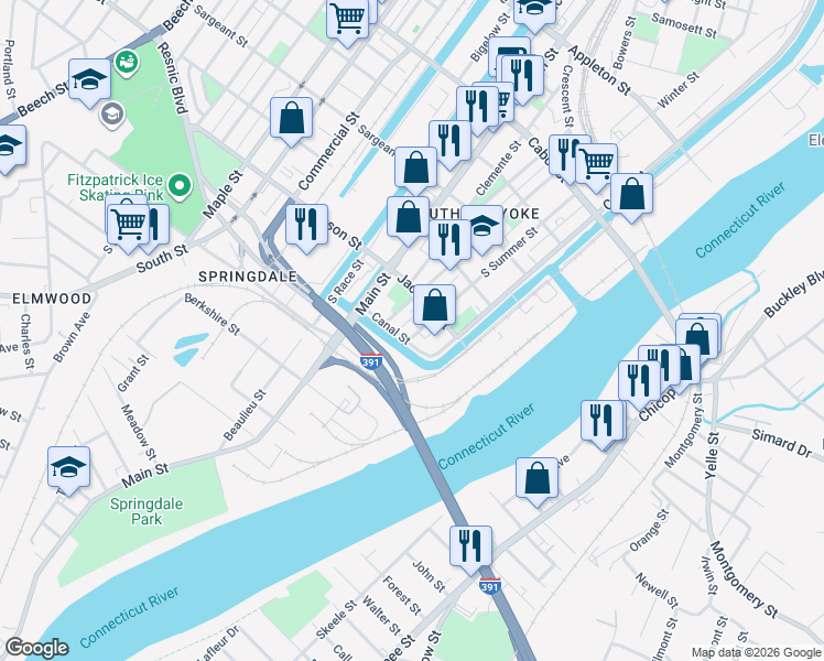 map of restaurants, bars, coffee shops, grocery stores, and more near 642-698 South Summer Street in Holyoke