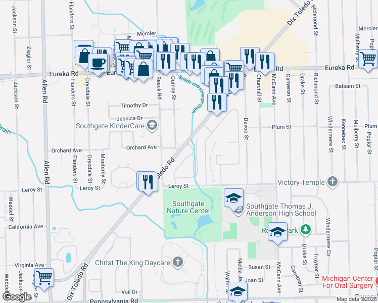 map of restaurants, bars, coffee shops, grocery stores, and more near 15725 Dix Toledo Road in Southgate
