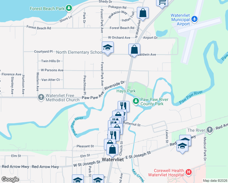 map of restaurants, bars, coffee shops, grocery stores, and more near in Watervliet