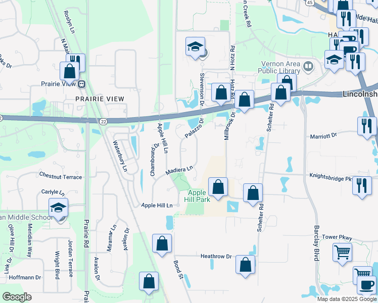 map of restaurants, bars, coffee shops, grocery stores, and more near 2422 Madiera Lane in Buffalo Grove