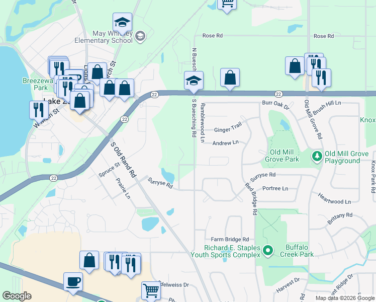 map of restaurants, bars, coffee shops, grocery stores, and more near 201 South Buesching Road in Lake Zurich
