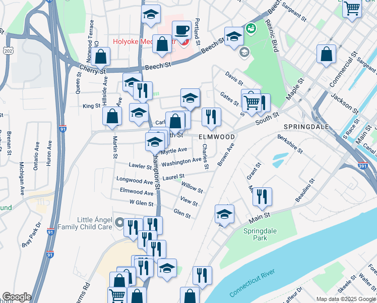 map of restaurants, bars, coffee shops, grocery stores, and more near 13 Harrison Avenue in Holyoke