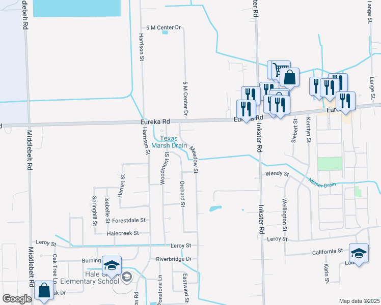 map of restaurants, bars, coffee shops, grocery stores, and more near 15387 Orchard Street in Romulus