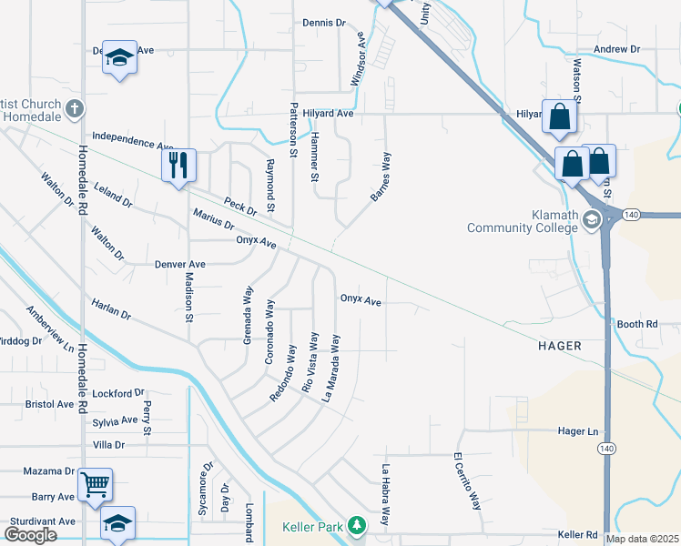 map of restaurants, bars, coffee shops, grocery stores, and more near 3609 La Marada Way in Klamath Falls