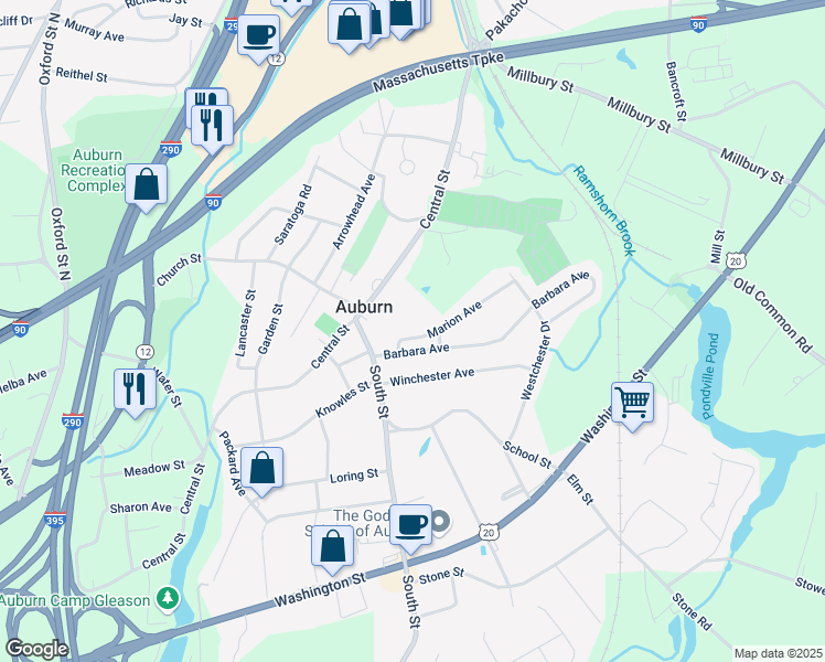 map of restaurants, bars, coffee shops, grocery stores, and more near 6 Marion Avenue in Auburn