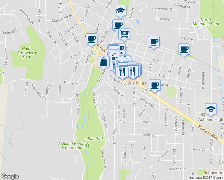 map of restaurants, bars, coffee shops, grocery stores, and more near 234 Vista St in Ashland