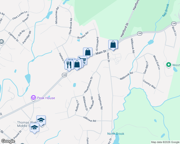 map of restaurants, bars, coffee shops, grocery stores, and more near 18 Hearthstone Drive in Medfield