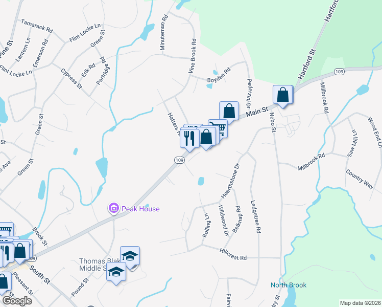 map of restaurants, bars, coffee shops, grocery stores, and more near 258 Main Street in Medfield