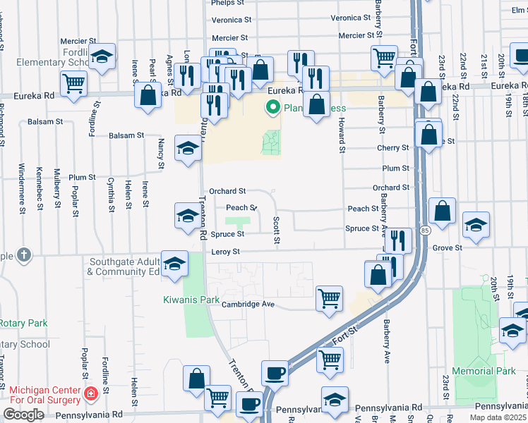 map of restaurants, bars, coffee shops, grocery stores, and more near 13619 Peach Street in Southgate