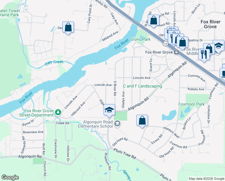 map of restaurants, bars, coffee shops, grocery stores, and more near 212 South River Road in Fox River Grove