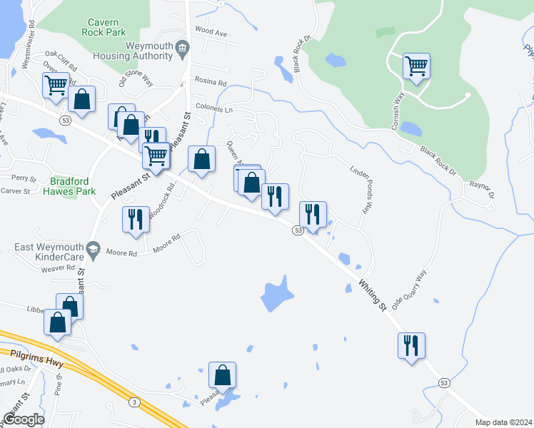 map of restaurants, bars, coffee shops, grocery stores, and more near 1 Queen Anne Drive in Weymouth