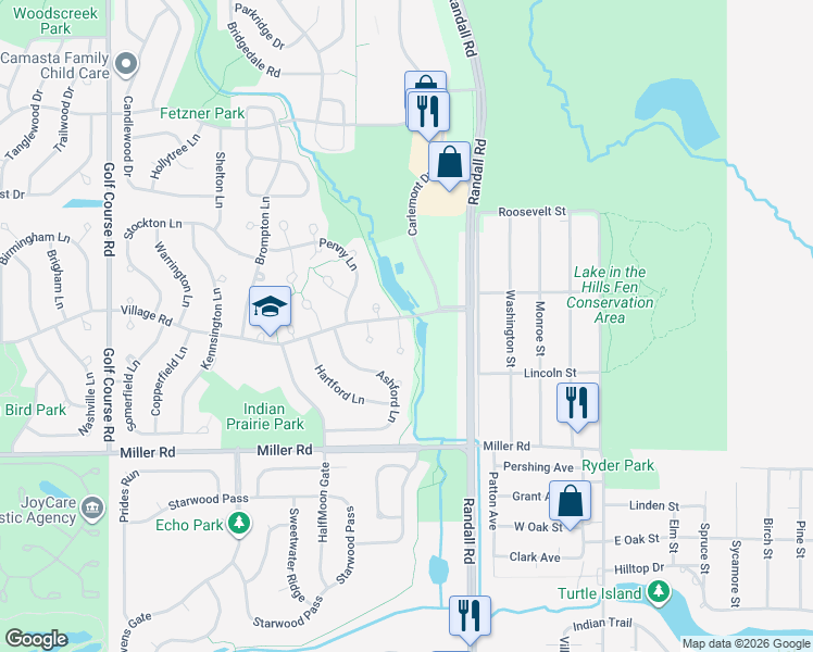 map of restaurants, bars, coffee shops, grocery stores, and more near 1731 Village Court in Crystal Lake