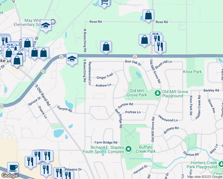map of restaurants, bars, coffee shops, grocery stores, and more near 215 Red Bridge Road in Lake Zurich