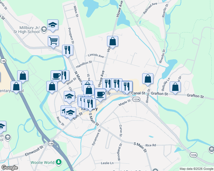 map of restaurants, bars, coffee shops, grocery stores, and more near 19 Canal Street in Millbury