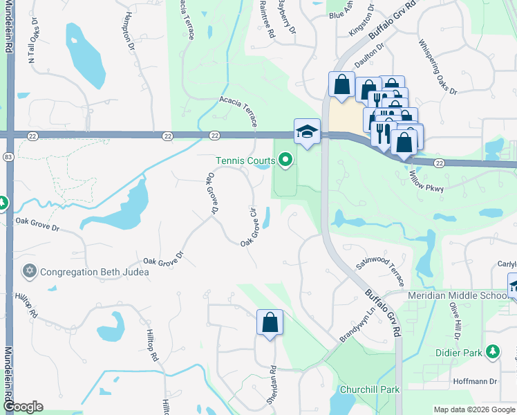 map of restaurants, bars, coffee shops, grocery stores, and more near 5532 Oak Grove Circle in Long Grove