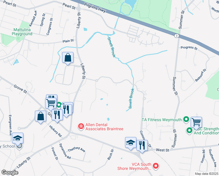 map of restaurants, bars, coffee shops, grocery stores, and more near Matthew Court in Braintree