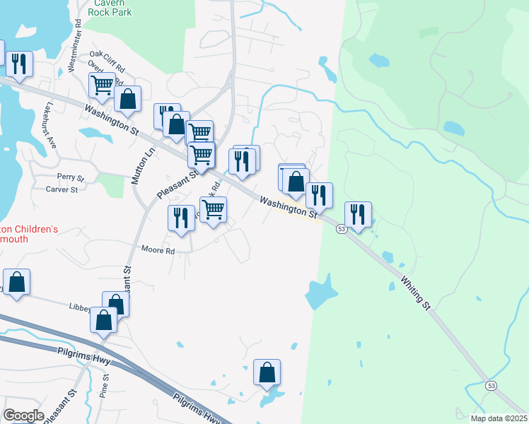 map of restaurants, bars, coffee shops, grocery stores, and more near 28 White Oaks Lane in Weymouth