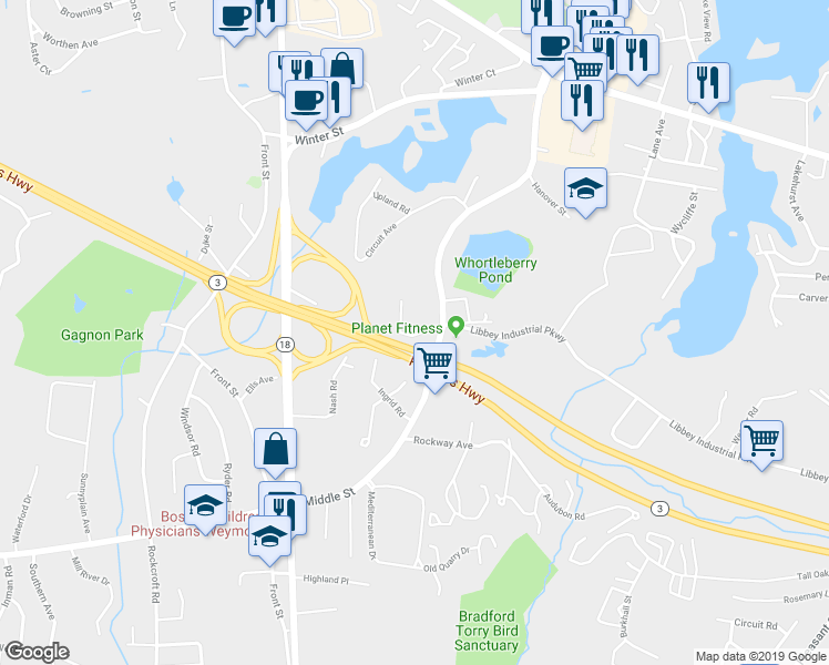 map of restaurants, bars, coffee shops, grocery stores, and more near 7 Tara Drive in Weymouth