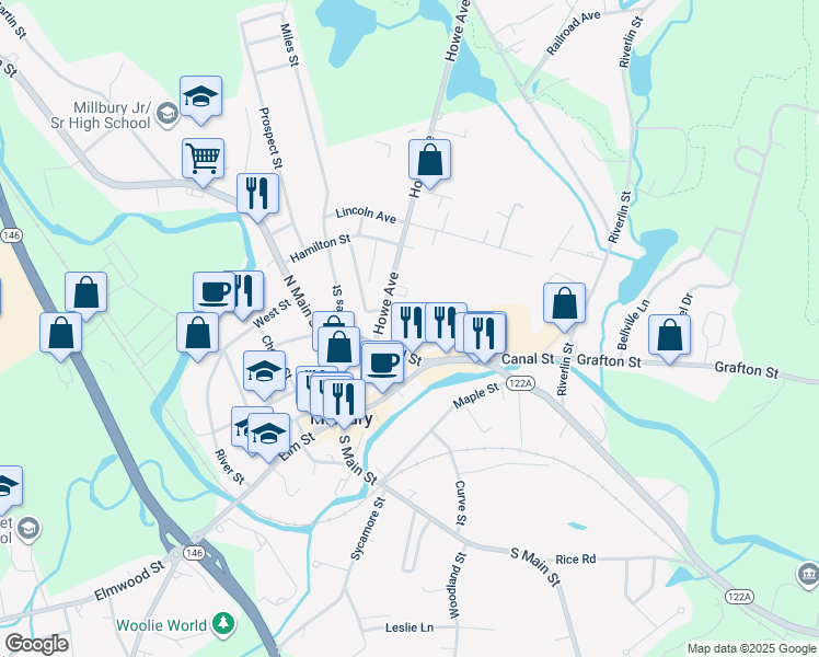 map of restaurants, bars, coffee shops, grocery stores, and more near 17A Canal Street in Millbury