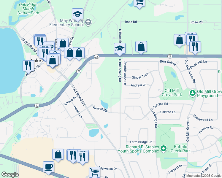 map of restaurants, bars, coffee shops, grocery stores, and more near 201 South Buesching Road in Lake Zurich