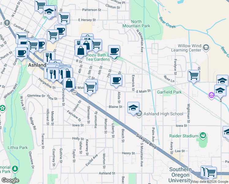 map of restaurants, bars, coffee shops, grocery stores, and more near 920 East Main Street in Ashland