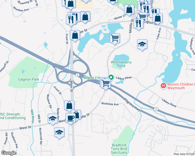 map of restaurants, bars, coffee shops, grocery stores, and more near 7 Tara Drive in Weymouth