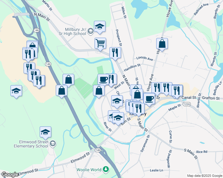 map of restaurants, bars, coffee shops, grocery stores, and more near 21 Millbury Avenue in Millbury