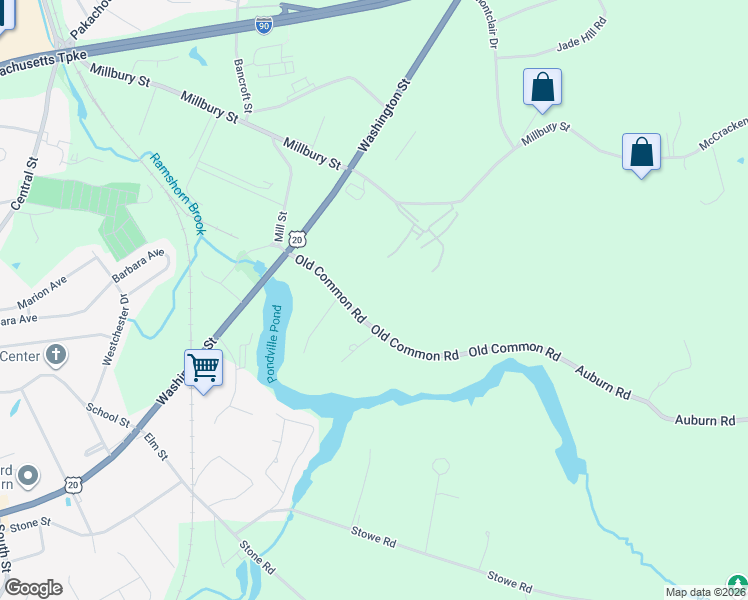 map of restaurants, bars, coffee shops, grocery stores, and more near 54 Old Common Road in Auburn