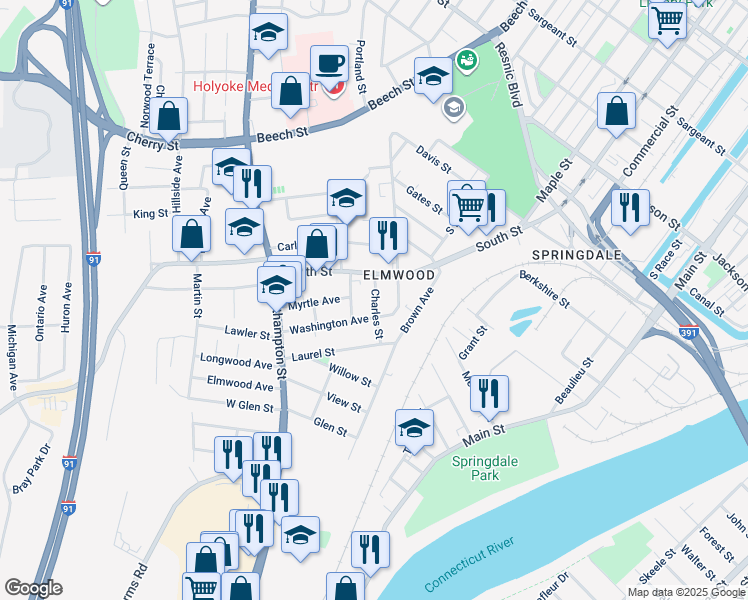 map of restaurants, bars, coffee shops, grocery stores, and more near 40 Washington Avenue in Holyoke
