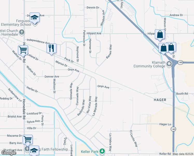 map of restaurants, bars, coffee shops, grocery stores, and more near 3605 La Marada Way in Klamath Falls