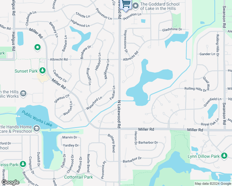 map of restaurants, bars, coffee shops, grocery stores, and more near 2660 Fairfax Lane in Lake in the Hills