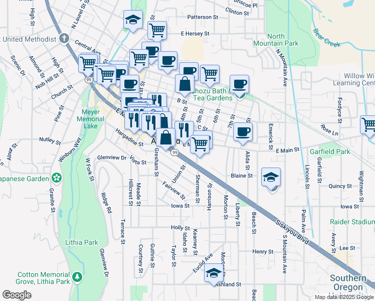 map of restaurants, bars, coffee shops, grocery stores, and more near 555 Siskiyou Boulevard in Ashland