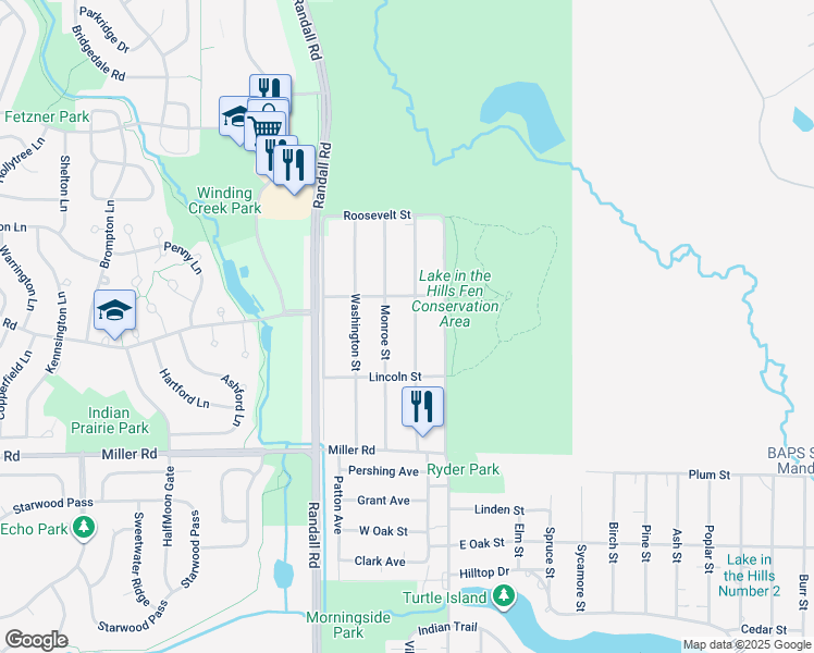 map of restaurants, bars, coffee shops, grocery stores, and more near 1411 Adams Street in Lake in the Hills
