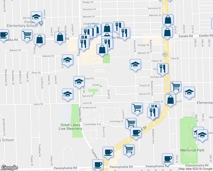 map of restaurants, bars, coffee shops, grocery stores, and more near 15698 Scott Street in Southgate
