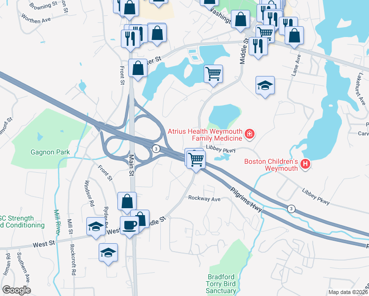 map of restaurants, bars, coffee shops, grocery stores, and more near 8 Tara Drive in Weymouth