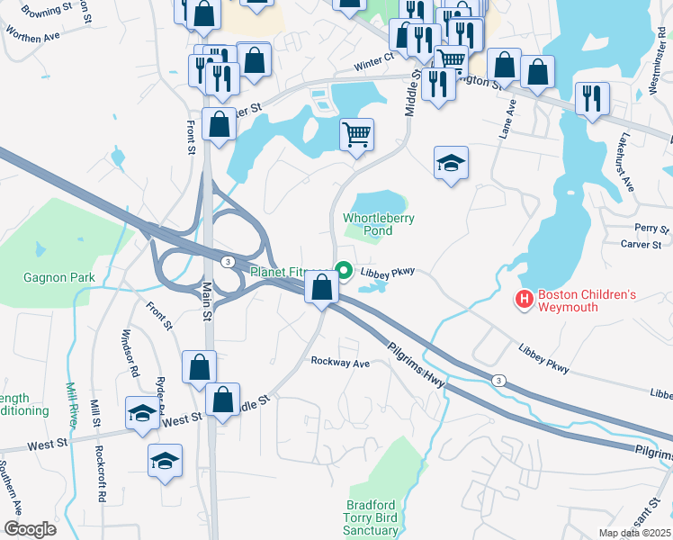 map of restaurants, bars, coffee shops, grocery stores, and more near 944 Middle Street in Weymouth