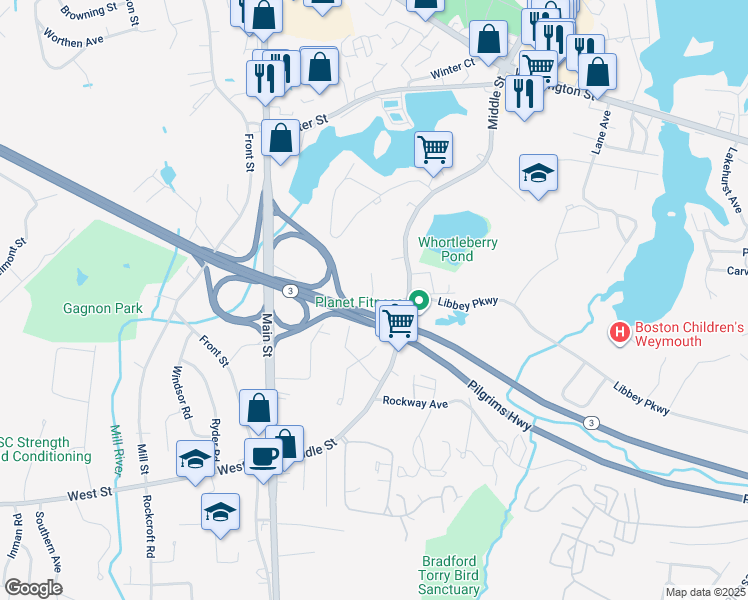map of restaurants, bars, coffee shops, grocery stores, and more near 7 Tara Drive in Weymouth