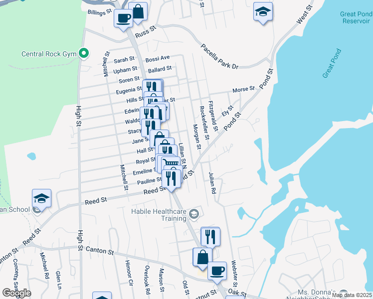 map of restaurants, bars, coffee shops, grocery stores, and more near 17 Lillian Street North in Randolph