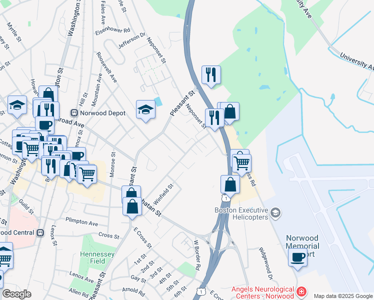 map of restaurants, bars, coffee shops, grocery stores, and more near 219 Rock Street in Norwood